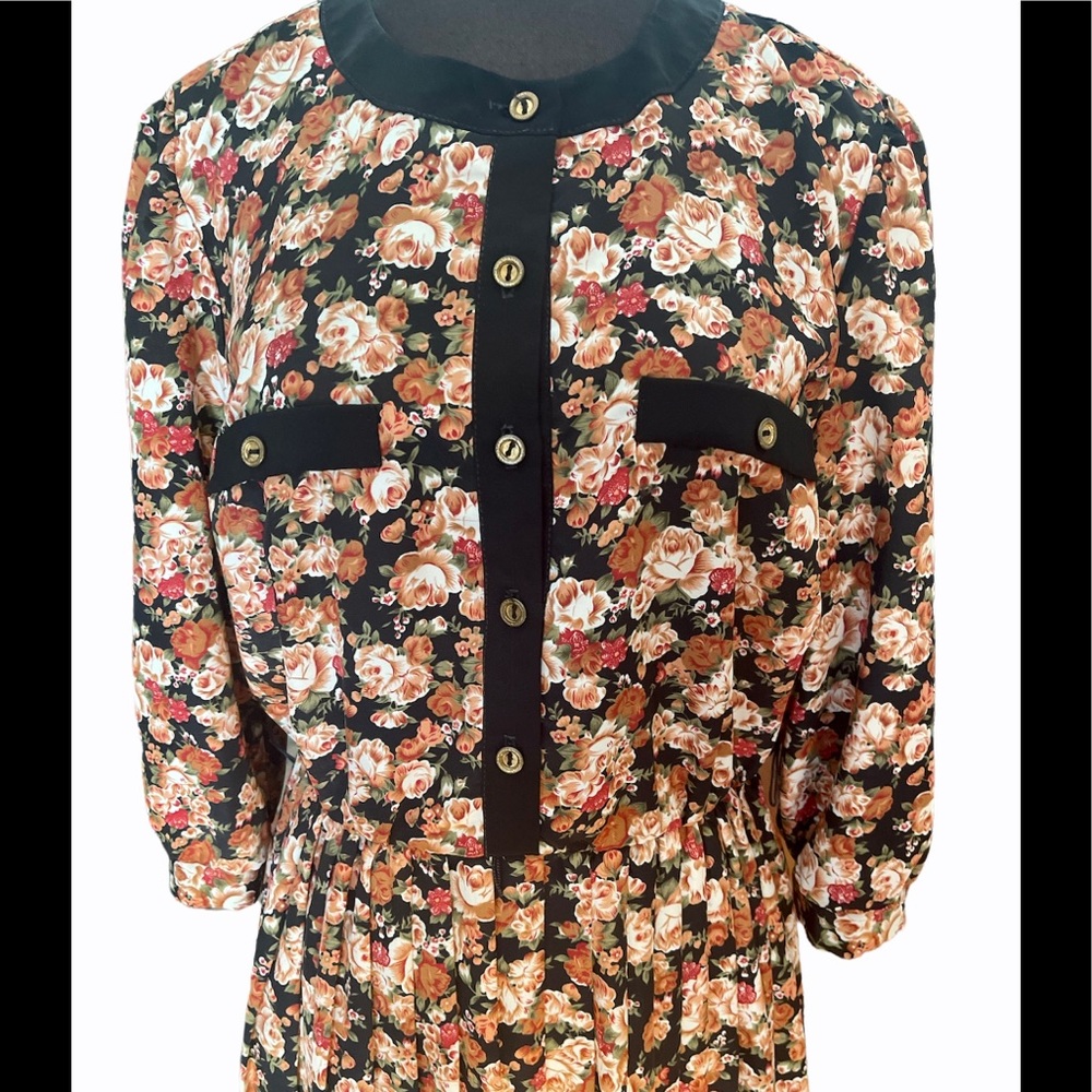 Vtg Floral Pleated Skirt Midi Dress